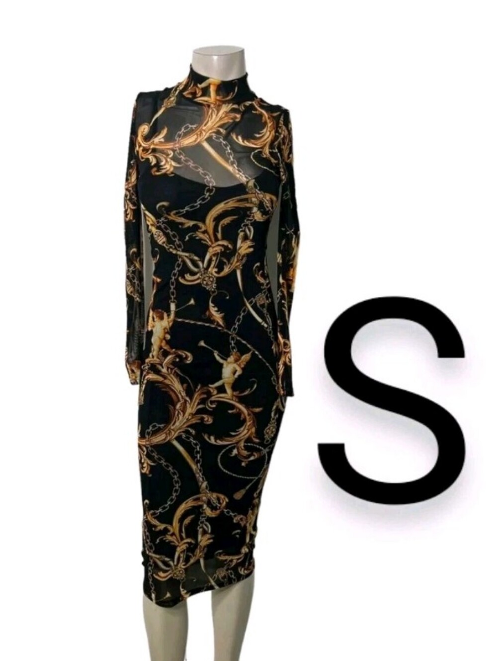 🆕Unique Gold Feather Angel Print  Baroque Chains Mesh Dress 2PC Set~Size S